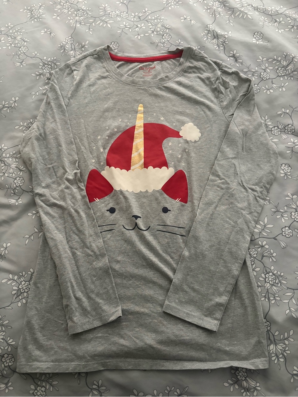 Cat & Jack Gray Long-Sleeve Top with Red and Gold Cat-Unicorn Graphic